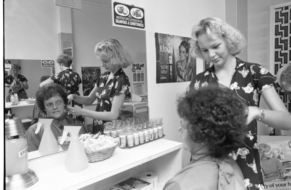 Hairdressing at Clarkia Salon, Ipswich, February 1978