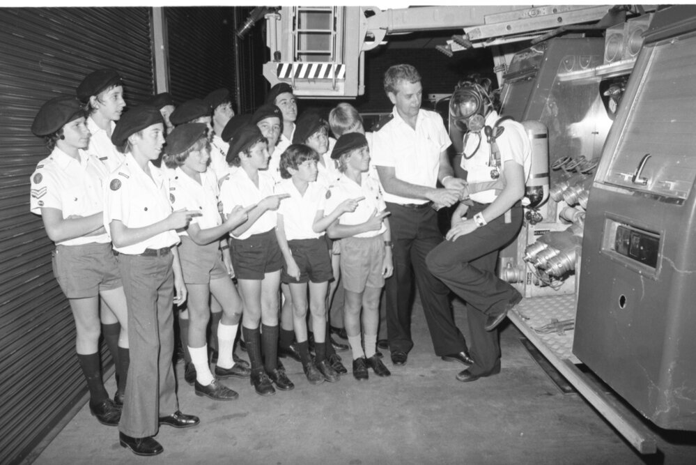 The St John's Youth Goodna group visit a fire house, Ipswich, February 1978