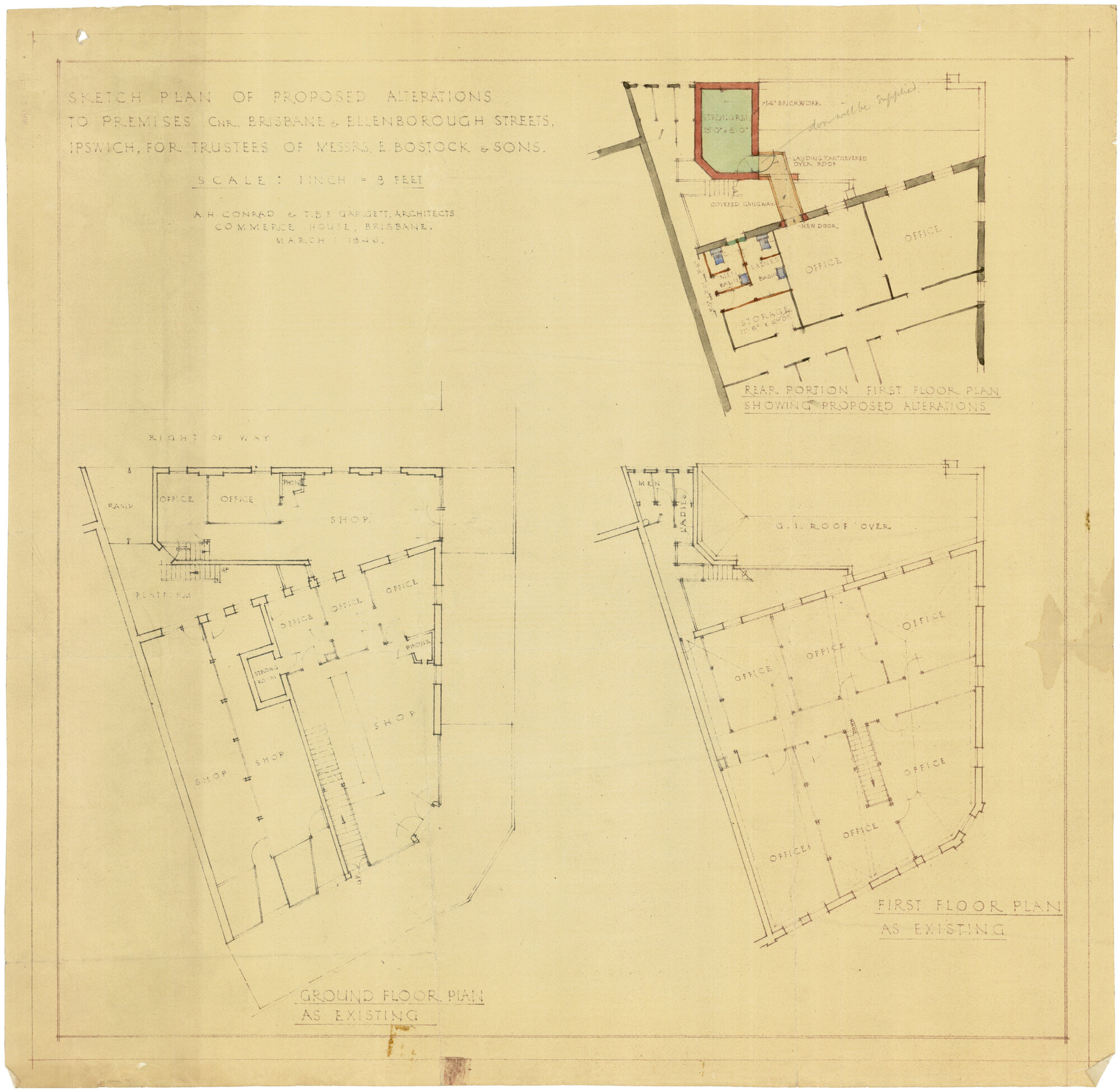 Sketch plan of proposed alterations to premises cnr. Brisbane &amp; Ellenborough Streets, Ipswich map : for trustees of Messrs. E. Bostock &amp; Sons / A. H. Conrad and T. B. E . Gargett, 1946
