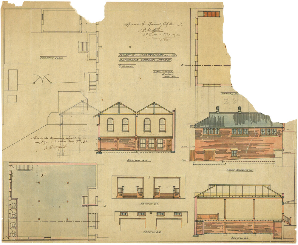Specifications for J. P. Bottomley and Co. proposed new premises at Bell Street, Ipswich map / George Brockwell Gill.