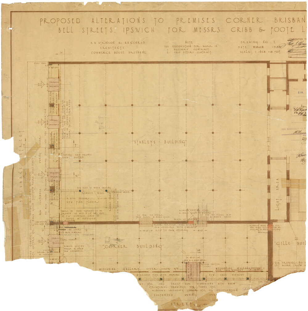 Proposed alterations to premises corner Brisbane and Bell Streets, Ipswich for Messrs. Cribb &amp; Foote map / H. W. Atkinson &amp; A. E. Conrad.