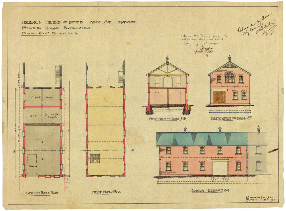 Specifications for Cribb &amp; Foote proposed Power House extension at Bell Street, Ipswich map / George Brockwell Gill.