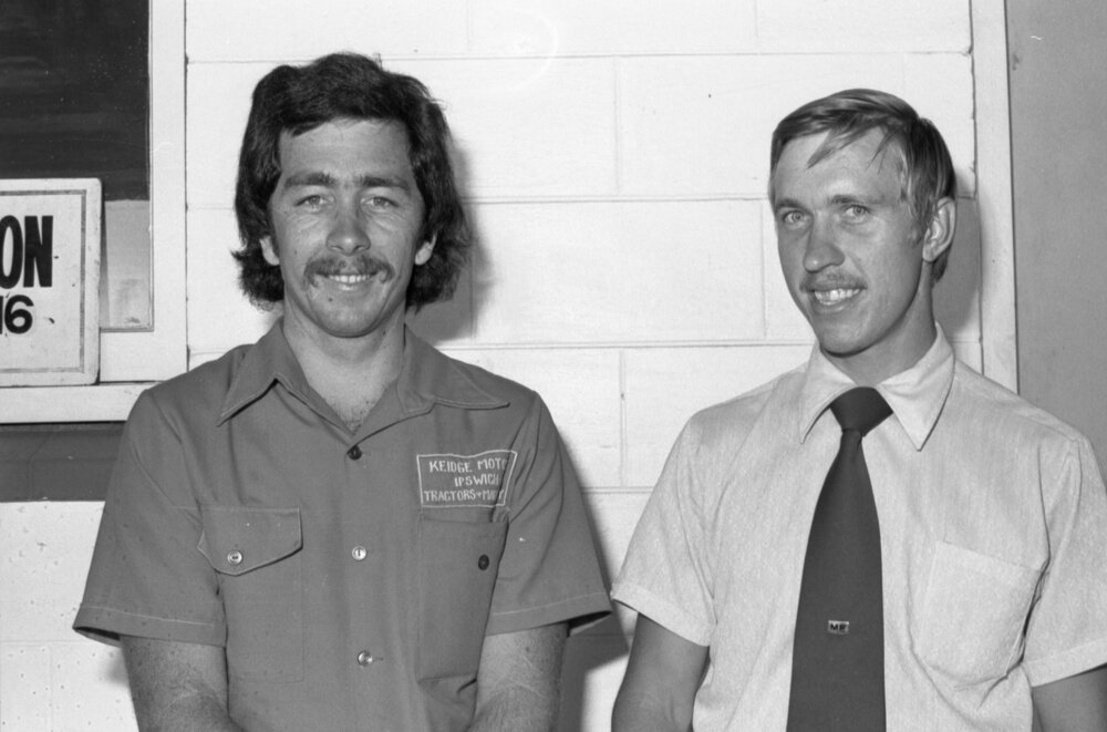 Thought to be David Beduhn and Bruce Domrow, employees at Keidge Motors, Ipswich, November 1977