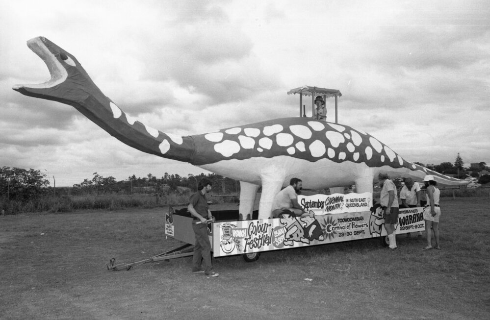 Bronto the Brontosaurus parade float being prepared for a national festival tour by the Ipswich Beardies, Ipswich, March 1978