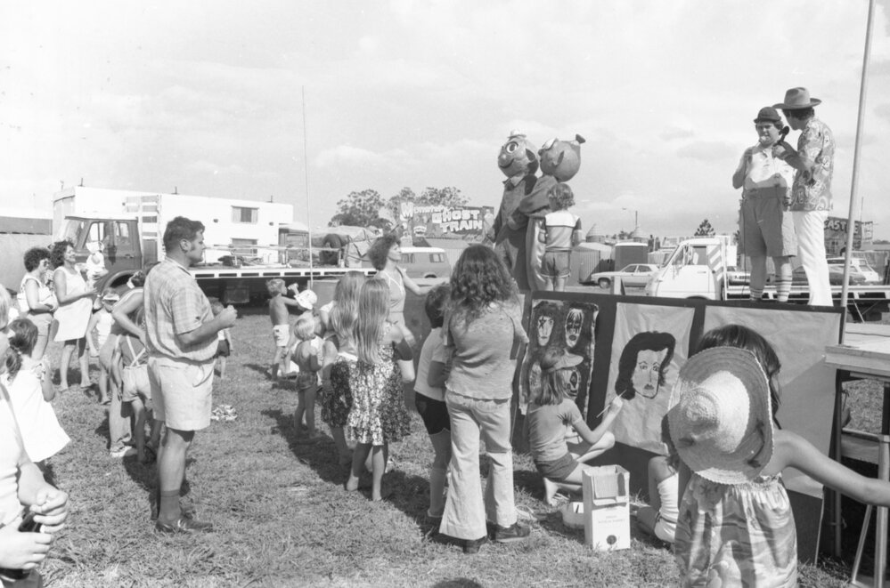Mascots on stage at the Lions Carnival, Ipswich, December 1979