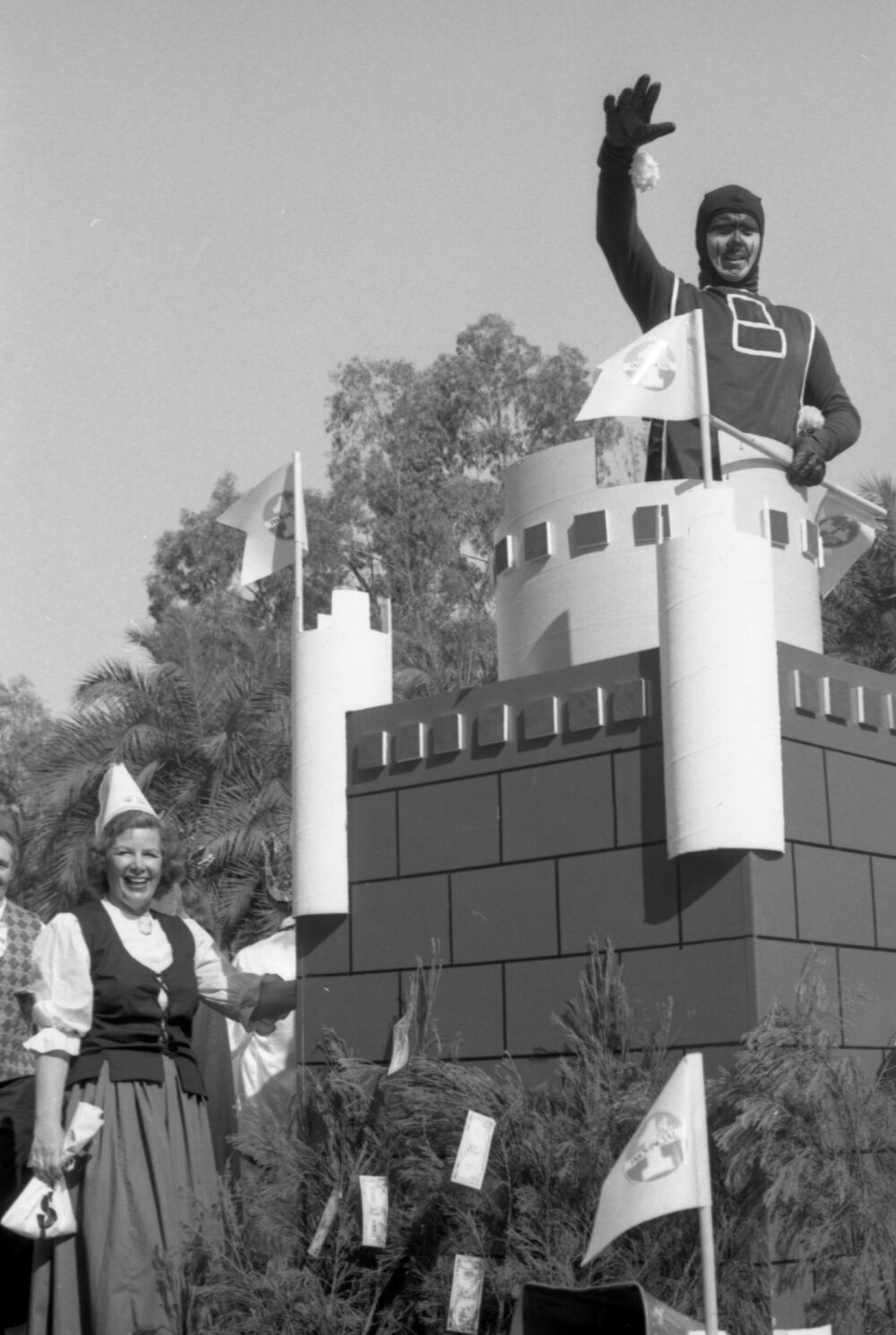 Boris the Black Knight on the First Provincial Building Society Float at the Ipswich Colour Festival Parade, Ipswich, Queensland, 1980