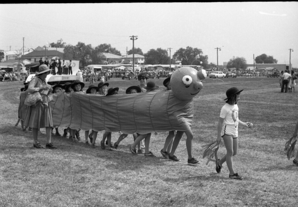 Children in caterpillar costume at the Kalbar Show parade, Kalbar, September 1980