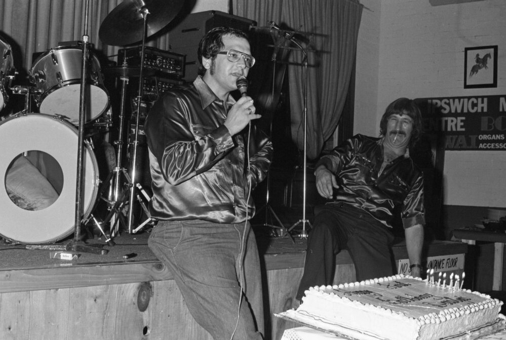 Speeches and cake cutting at Dusty's Country Music Club First Birthday Celebration, Ipswich, November 1979