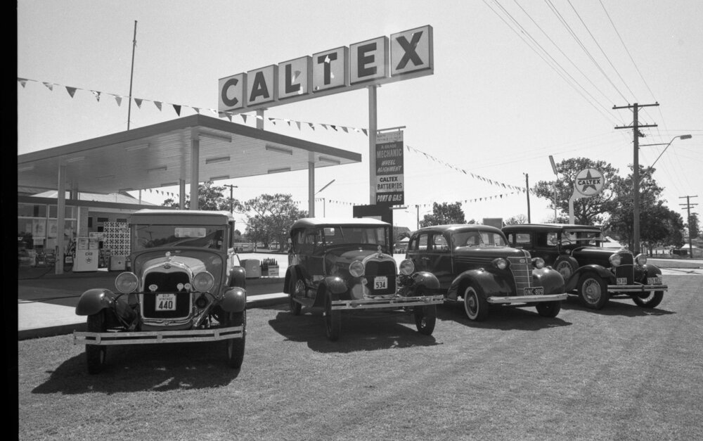 Vintage cars at the North Side Star Service Station, North Ipswich, Ipswich, April 1978