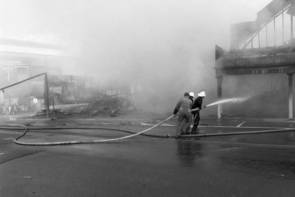 Fire at Jack Thomas and Sons; Panel Beaters, South Street towards Ipswich Hospital, Ipswich, May 1978