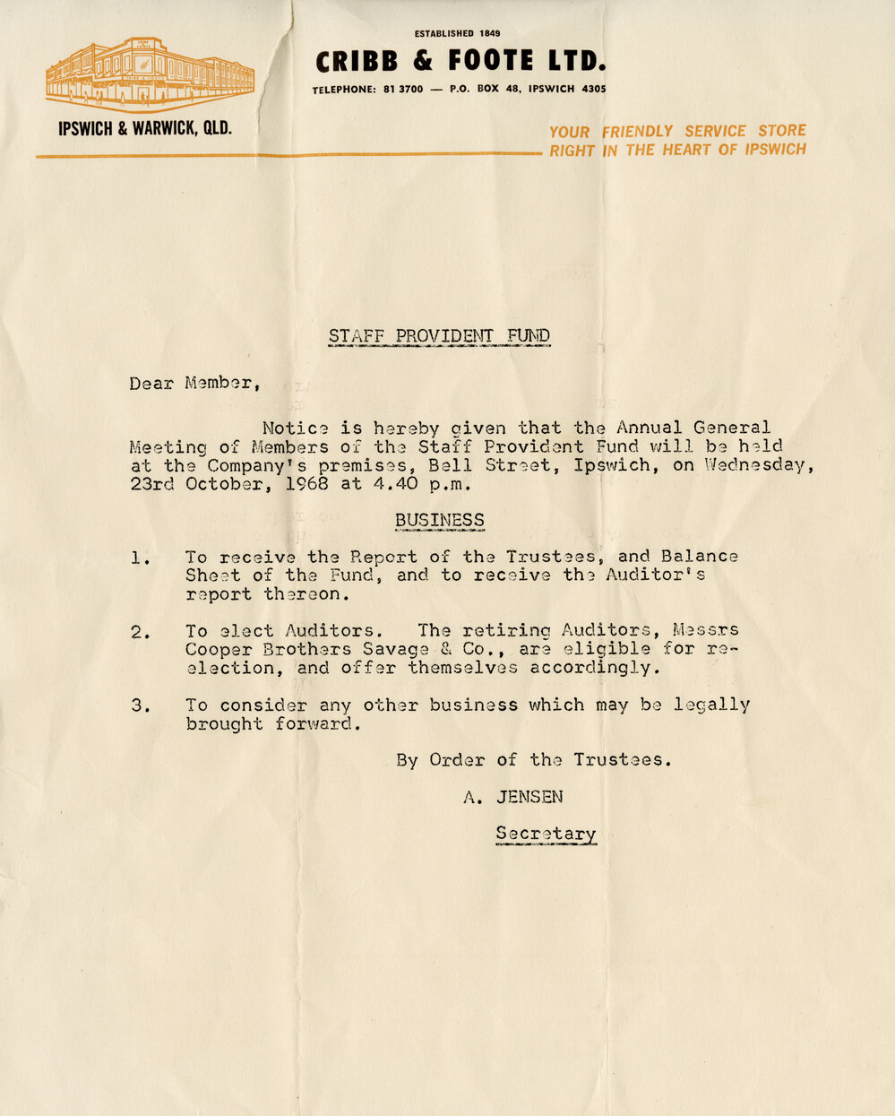 Cribb &amp; Foote Ltd Staff Provident Fund Notice of Annual General Meeting, 1968