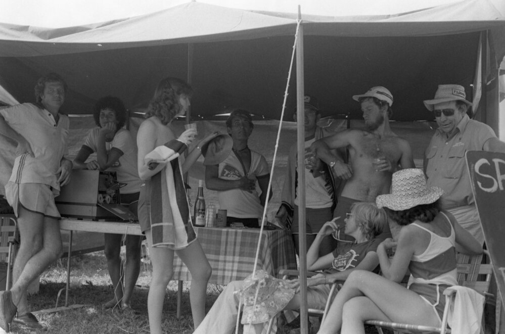 Racegoers at a refreshments tent at the 1979 Queensland Times Off-Road Spectacular, Minden, Somerset, November 1979