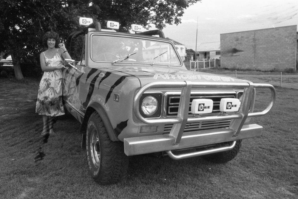 Unidentified woman with African Safari truck, at the 1979 Queensland Times Off-Road Spectacular, Minden, Somerset, November 1979