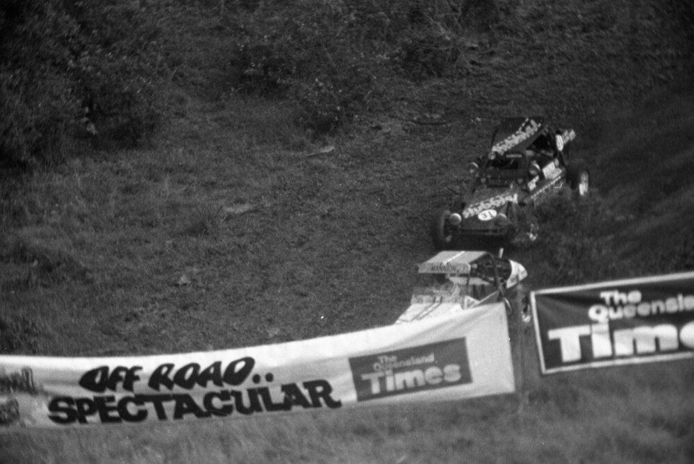 Sprint Cars, No. 31 and No. 13, driven by Brian Mannion, racing in the 1979 Queensland Times Off-Road Spectacular, Minden, Somerset, November 1979