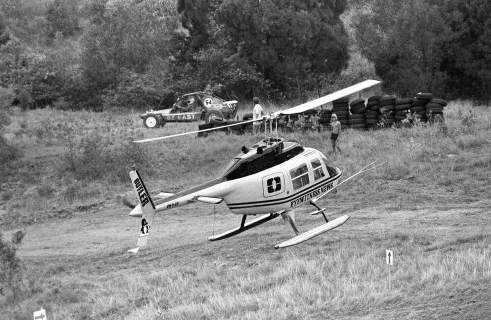 Eyewitness News Helicopter and Sprint Car, No. 54, at the 1979 Queensland Times Off-Road Spectacular, Minden, Somerset, November 1979