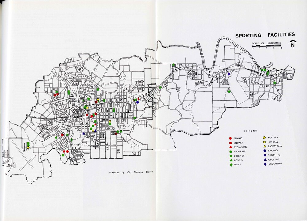Map depicting sporting facilities in the Ipswich area, 1978-1979