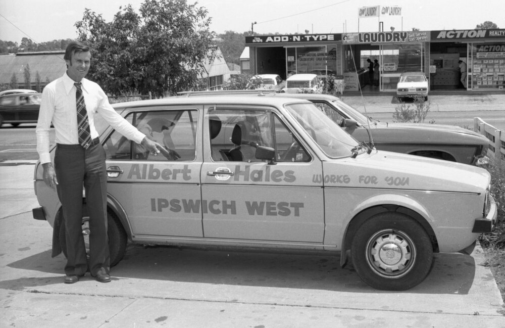 Albert Hales with advertising car, Ipswich, October 1977