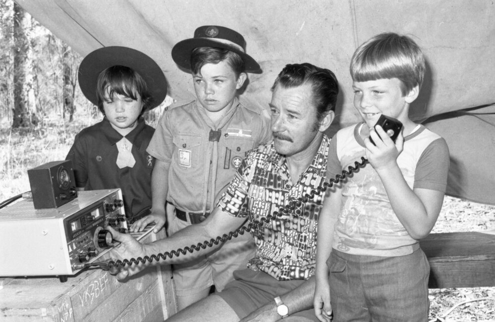 Boy scouts using a radio, Ipswich, 16th October 1977
