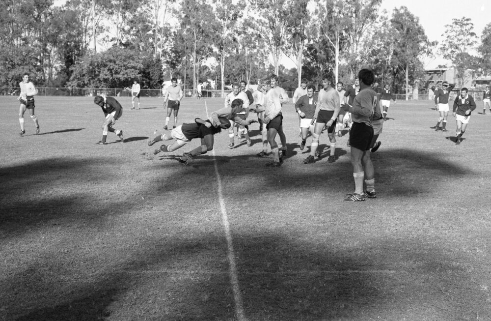 Rugby union game between unidentified teams, Ipswich, April 1978