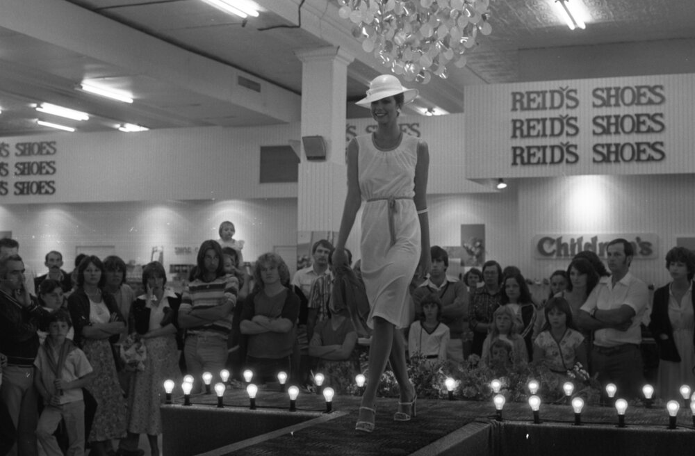 Model on Reid's Department Store fashion catwalk, Ipswich, September 1980