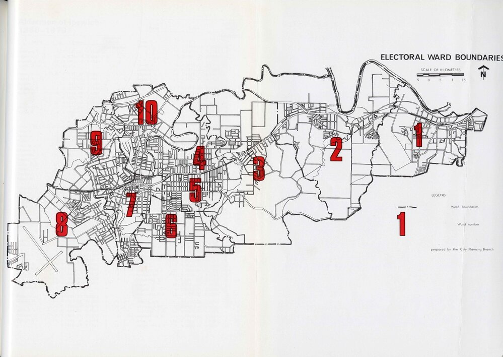 Map showing the electoral ward boundaries of Ipswich, 1978-1979