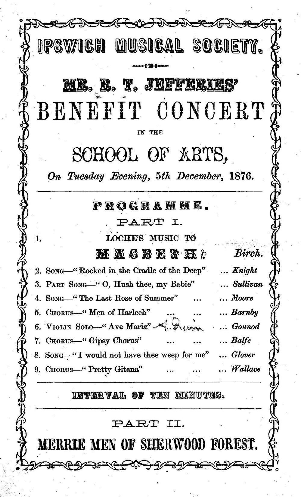Ipswich Musical Society Programme, 1876