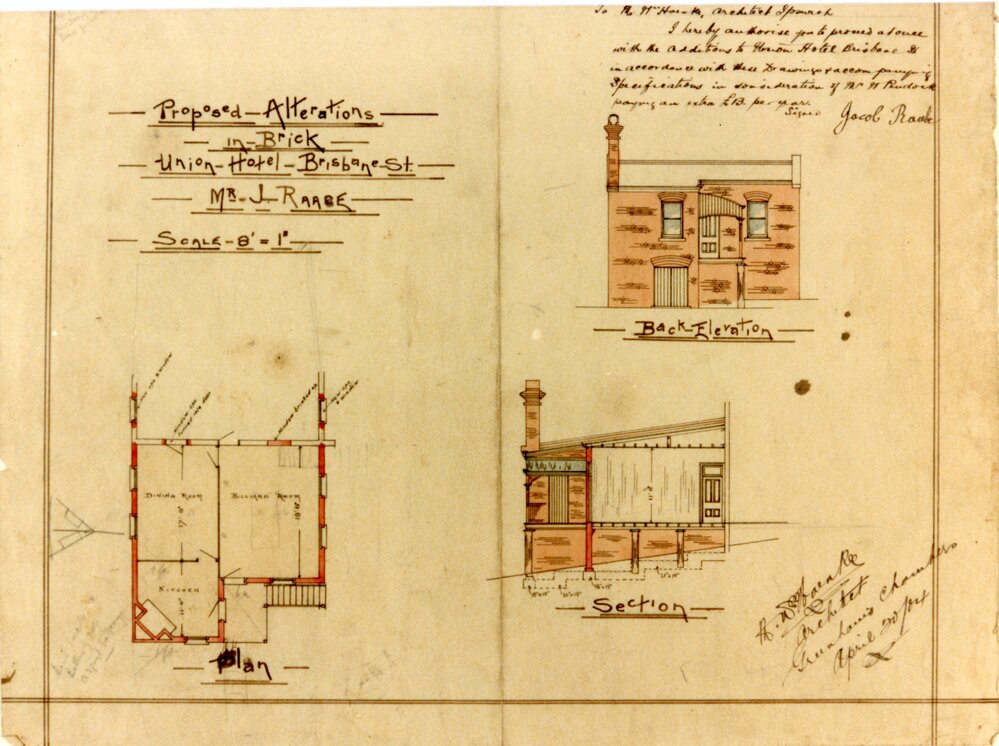 Proposed Alterations in Brick, Union Hotel, Brisbane Street, 1904
