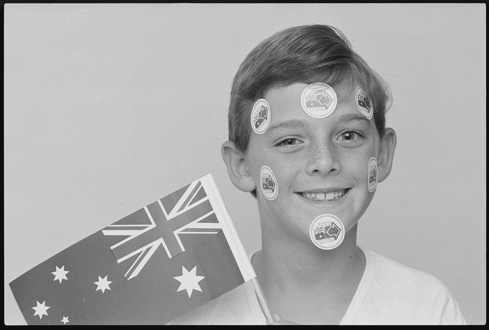 Unidentified young boy celebrating Australia Day, Ipswich, January 1986
