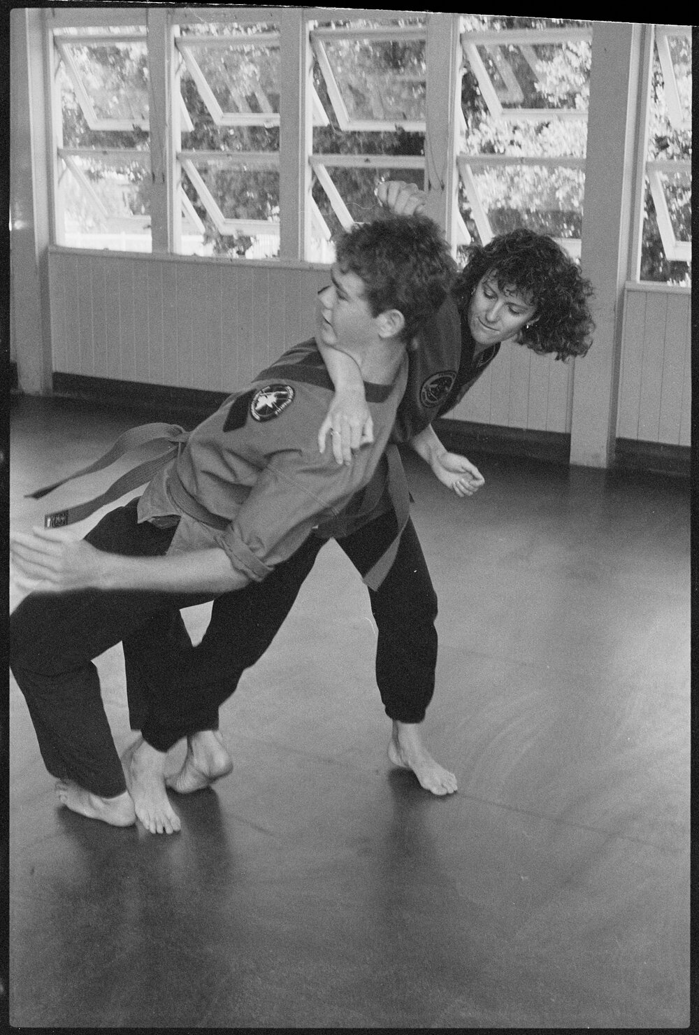 Two martial artists practicing Zen Do Kai, Ipswich, January 1986 