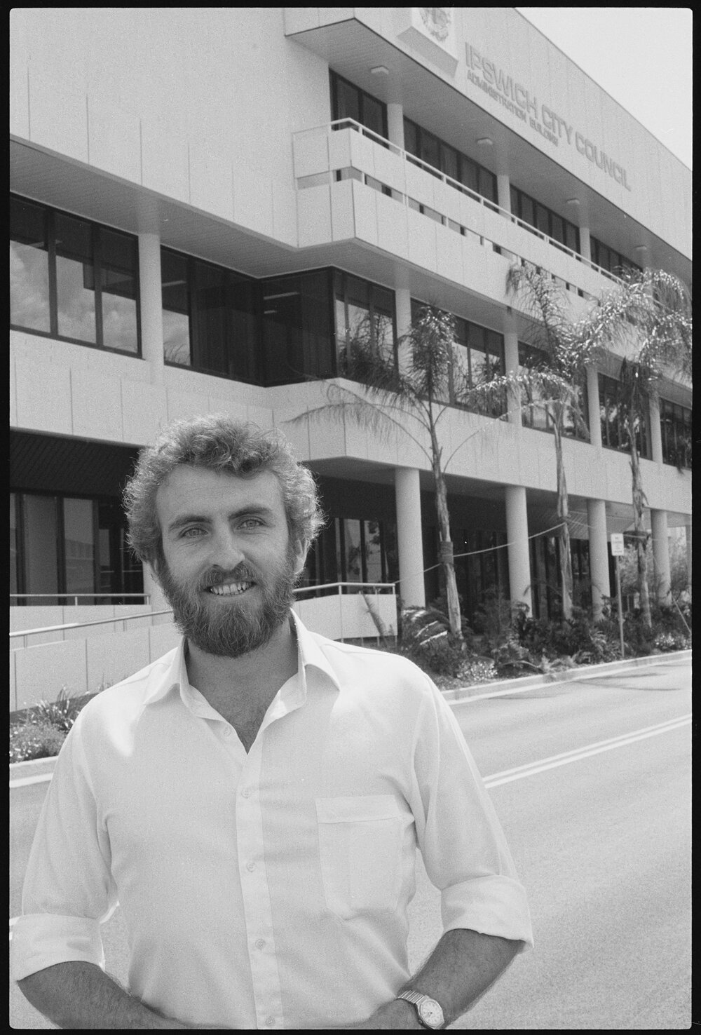 Unidentified man outside Ipswich City Council building, Ipswich, January 1986