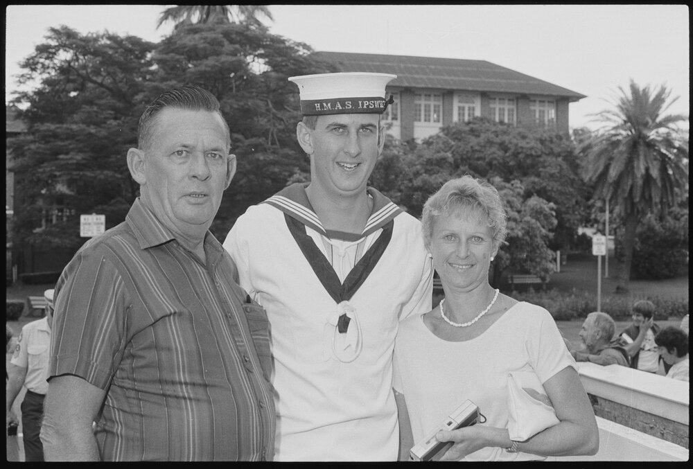 Sailor Darren Harkins with his parents John and Joy Harkins, commemorating the 'HMAS Ipswich' receiving the 'Freedom of Entry to the City', Ipswich, January 1986