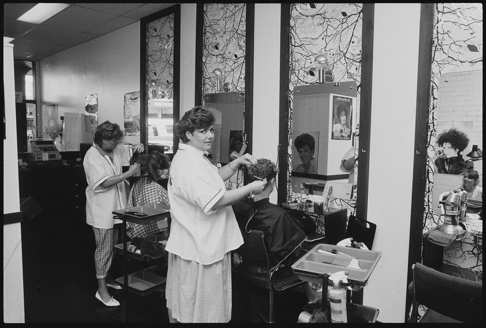 Hairdressing salon with clients, Ipswich, 1986