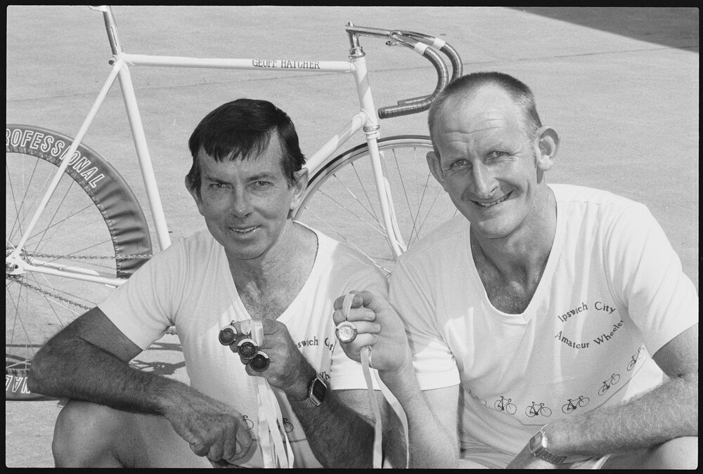Two unidentified members of the Ipswich City Amateur Wheelers with medals, Ipswich, January 1986