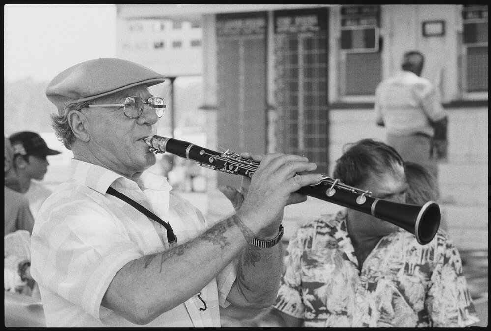 Earl 'Tich' Bray playing clarinet with band at the Ipswich Turf Club, Bundamba, Ipswich, January 1986