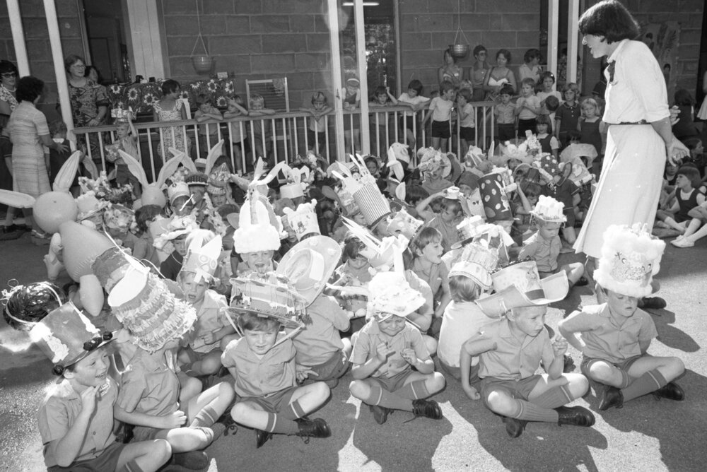 Students participating in the Easter Bonnet Parade at St Mary's Primary School, Woodend, Ipswich, March 1978