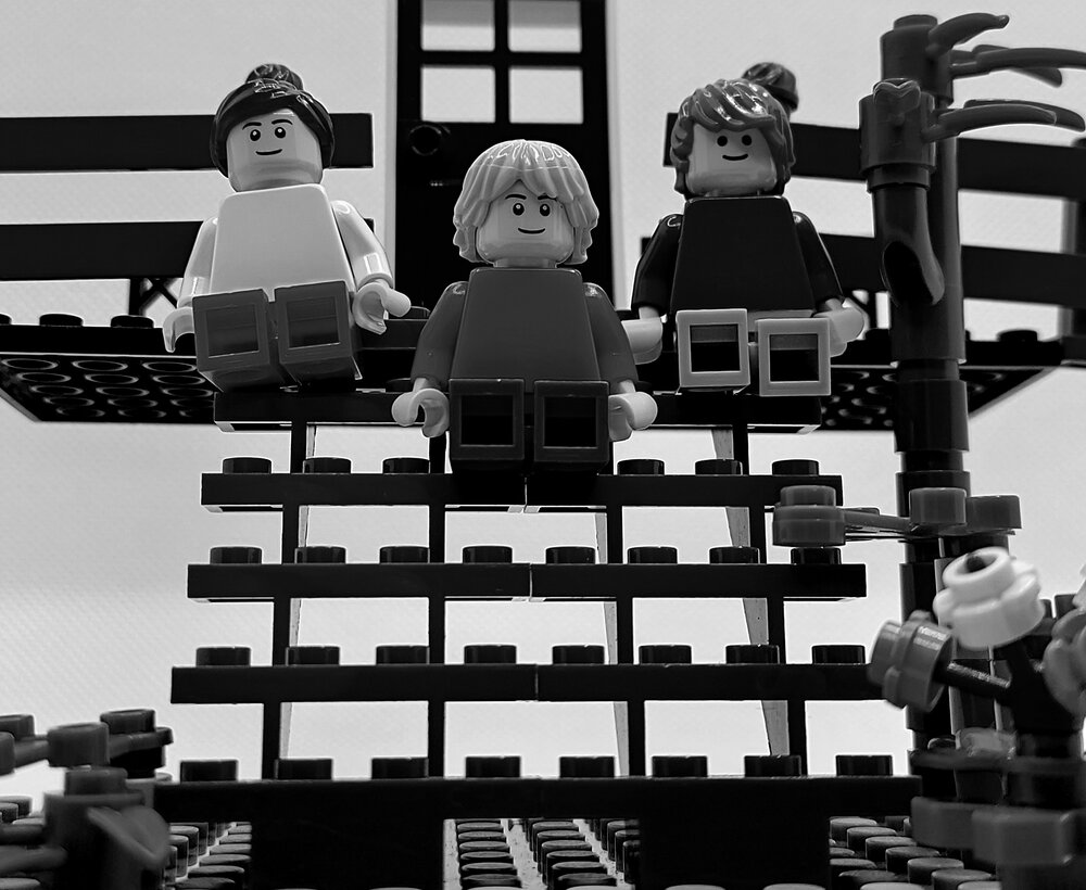 Brickswich version of Keith and Julia O'Connell with young child on stairs, Bergin's Hill, Bundamba