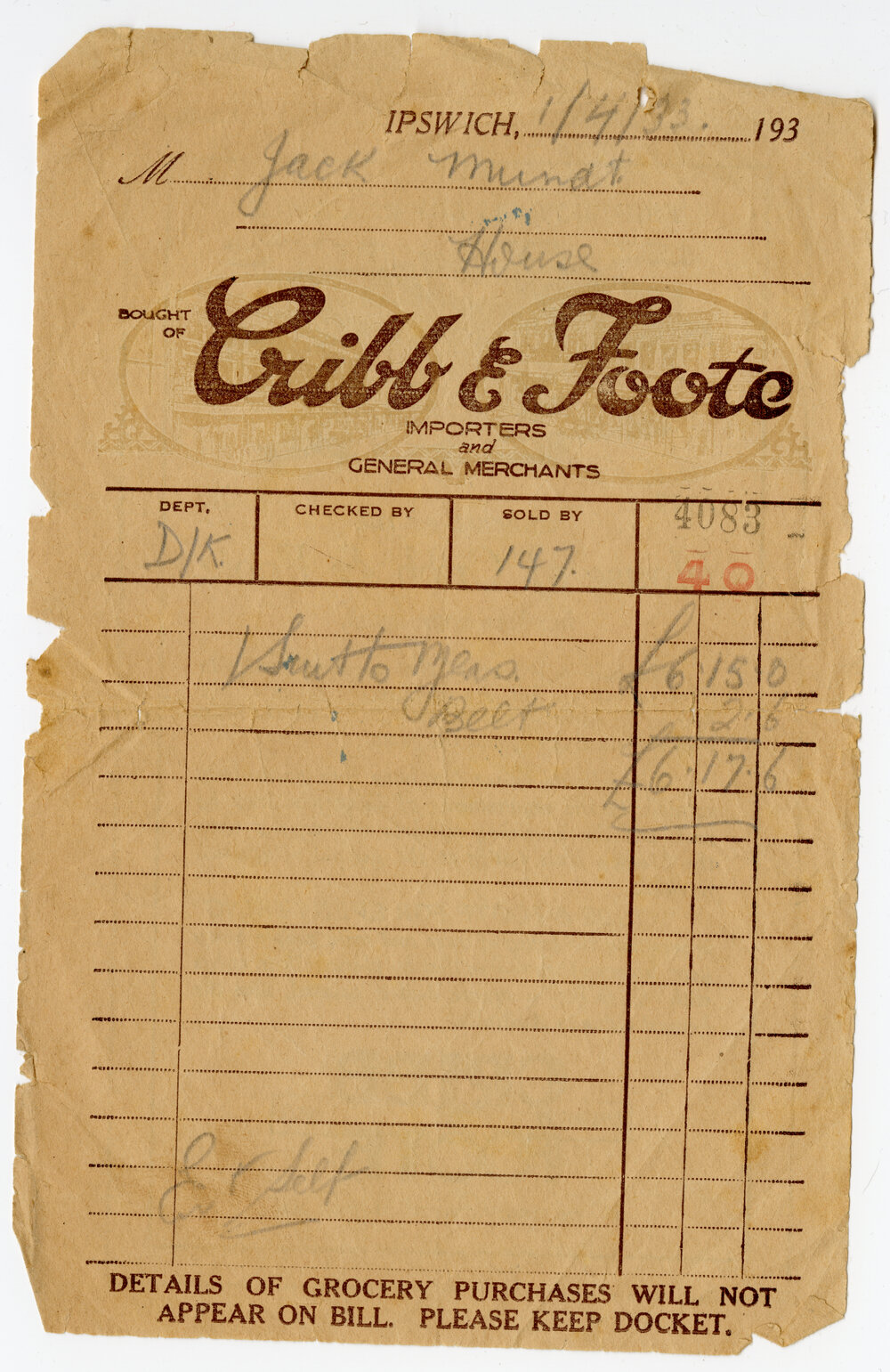 Cribb &amp; Foote Receipt, made out to Jack Mundt, April 1933 