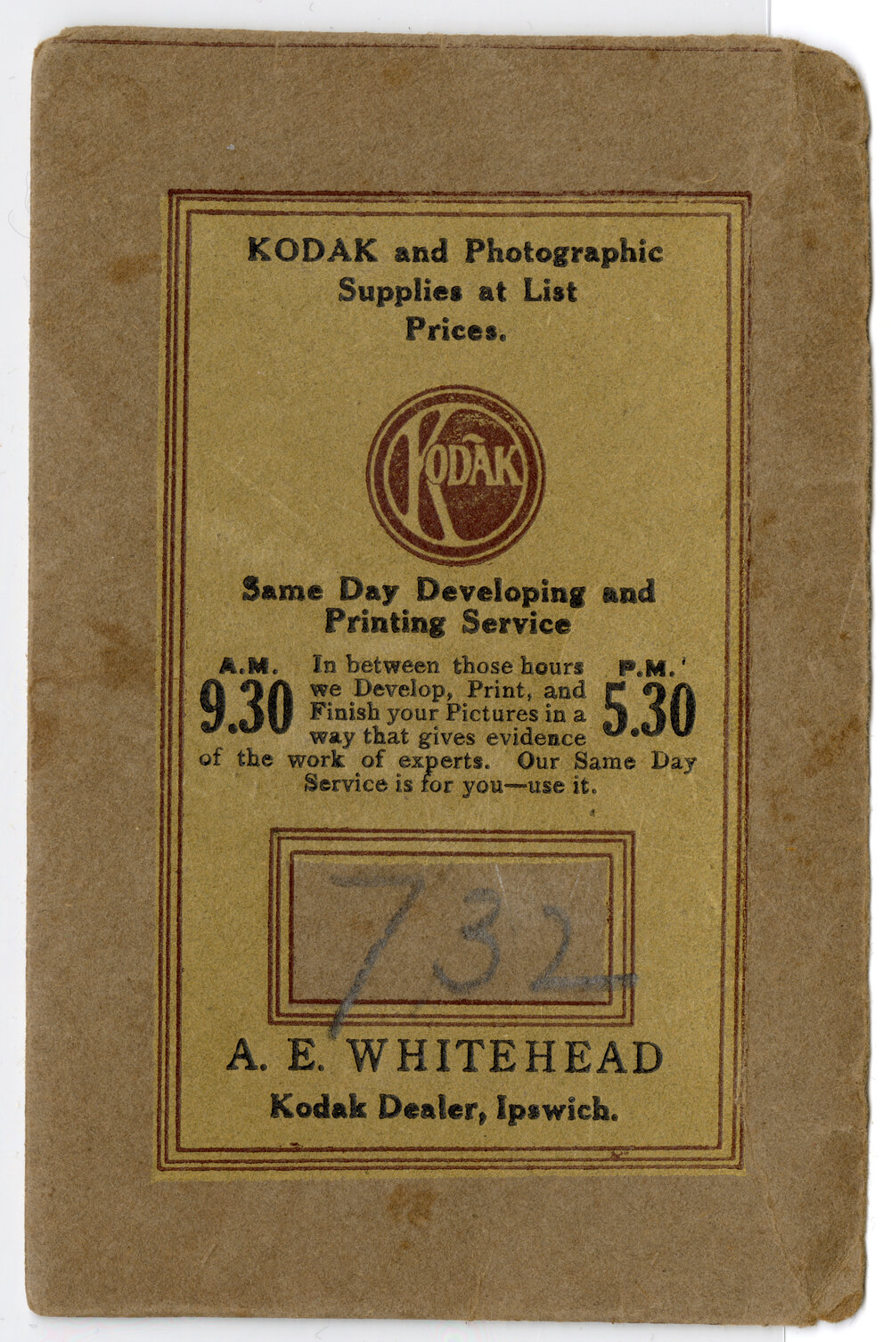 Cardboard envelope for photographs, A.E. Whitehead, Ipswich, 1930s