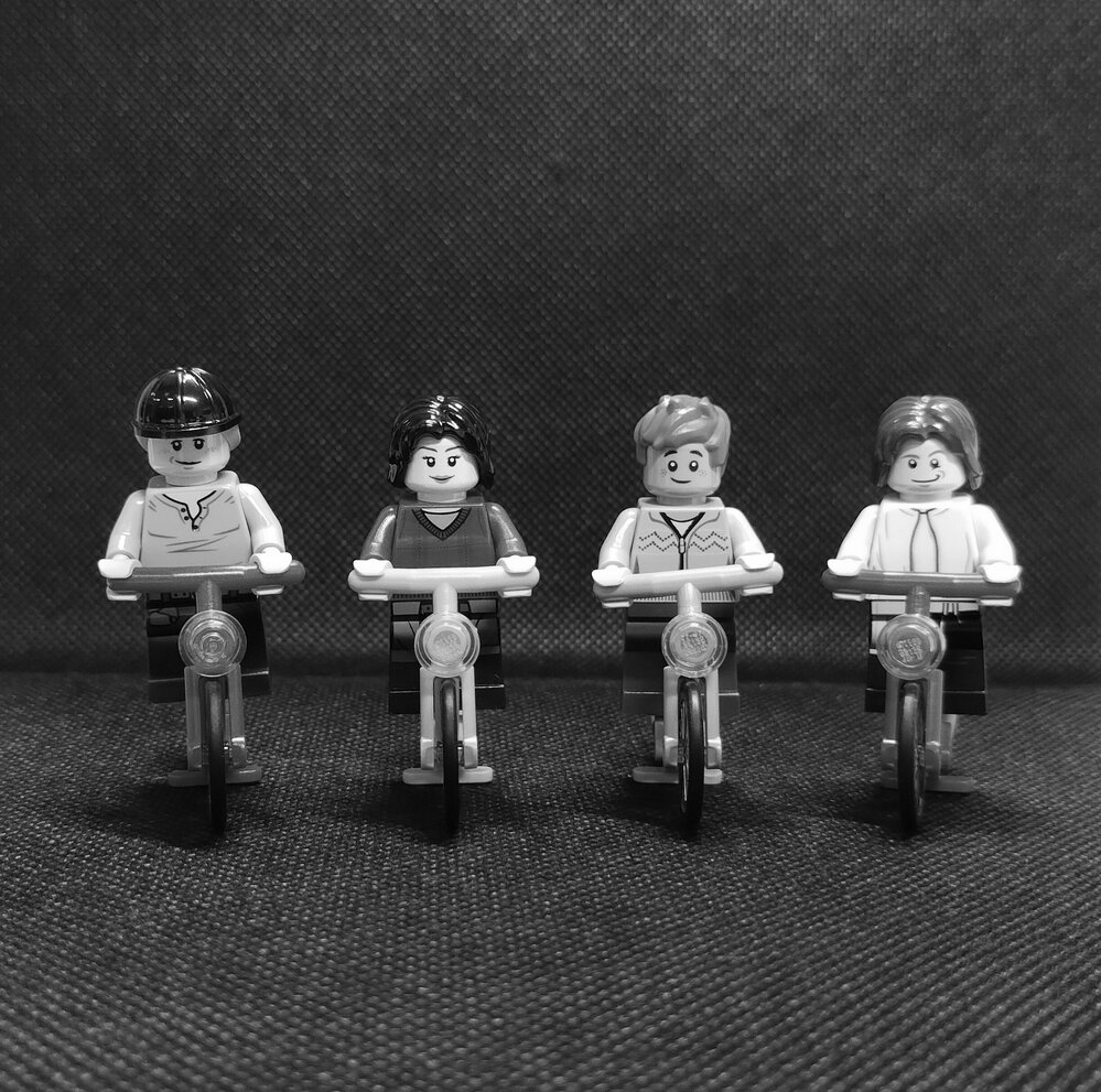 Brickswich version of Girls from Raceview State School on bicycles at Whitehill Road, near Glebe Road, Ipswich, 1954
