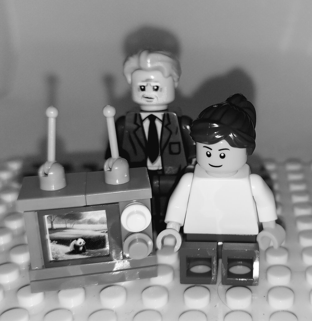 Brickswich version of Tom Edwards and customer at R.T. Edwards &amp; Sons, c.1981
