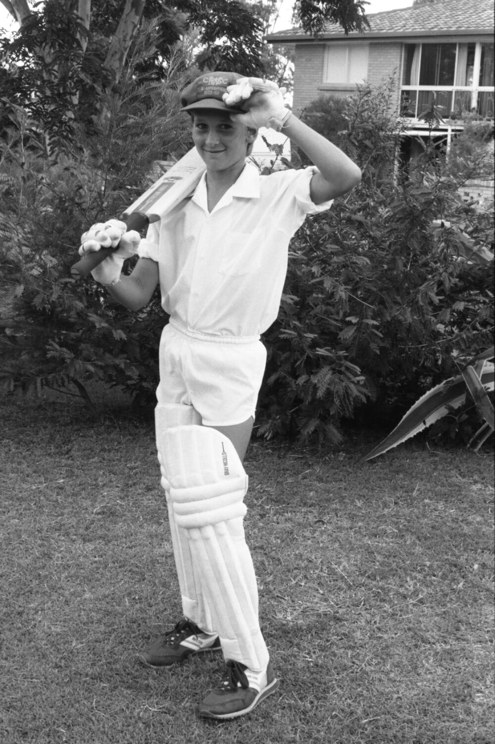 Boy in cricket whites, Ipswich, February 1985