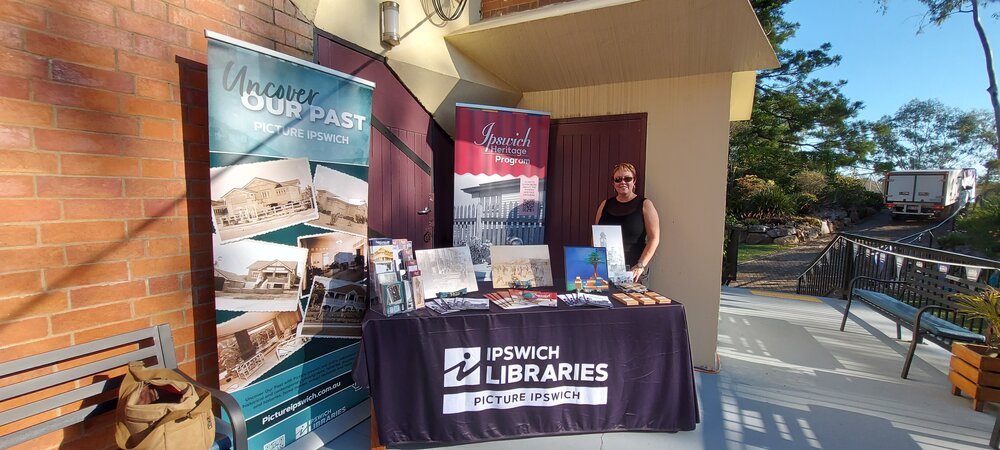 Picture Ipswich &amp; Ipswich Heritage display stand at the Galvanized launch, Walter Burley Griffin Incinerator, Ipswich, August 2024