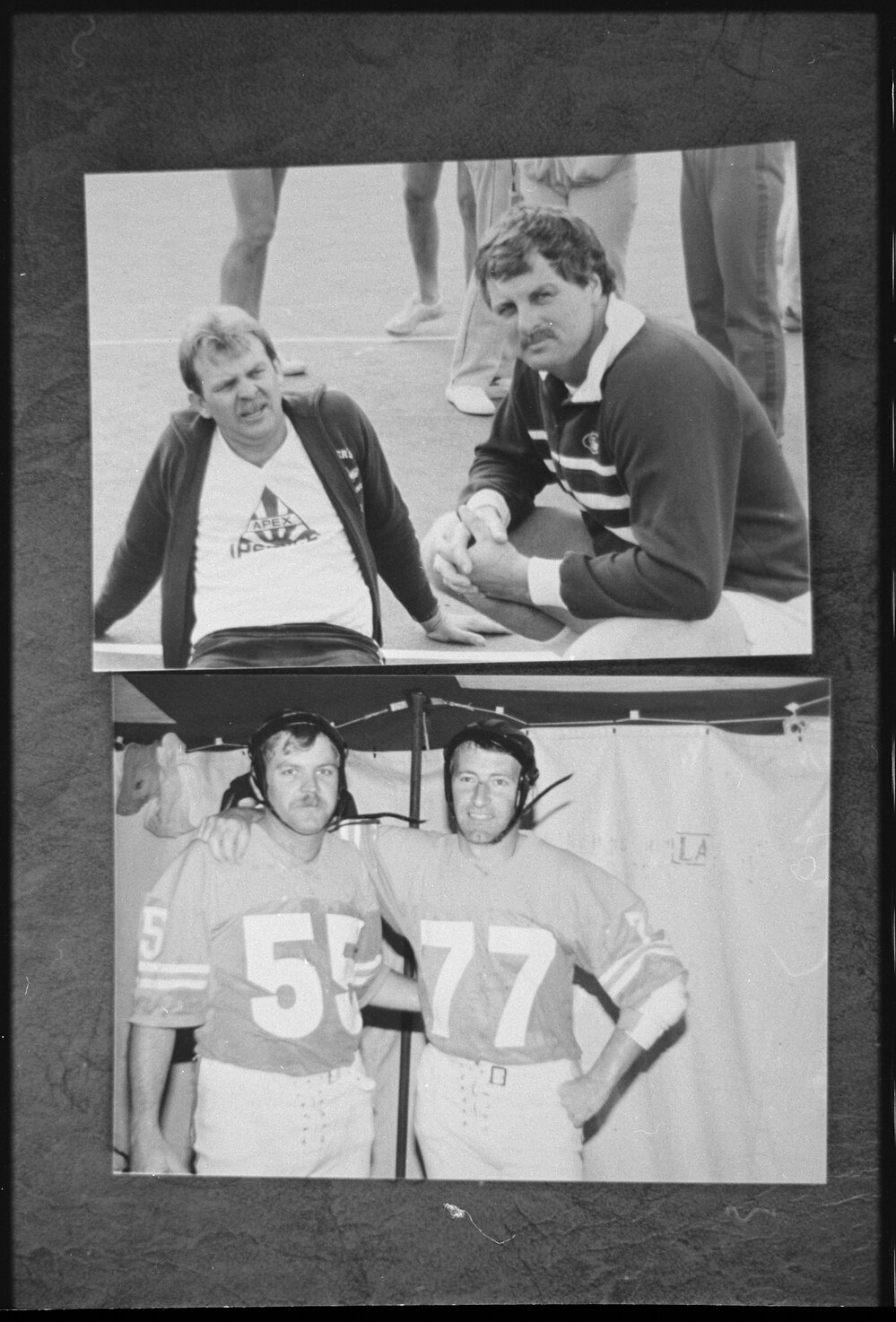 Two photographs of unidentified men in sports wear and gridiron uniforms, Ipswich, August 1985