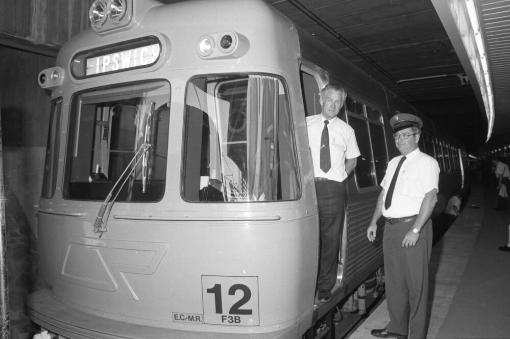 Electric Train and Queensland Rail Staff, Ipswich Railway Station, Ipswich, August 1980