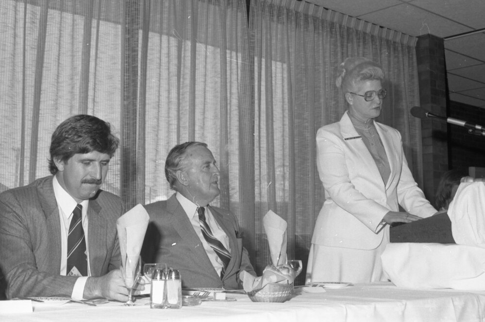 Thought to be Margery Brier-Mills giving a speech during Premier Joh Bjelke-Petersen's visit, Ipswich, August 1980