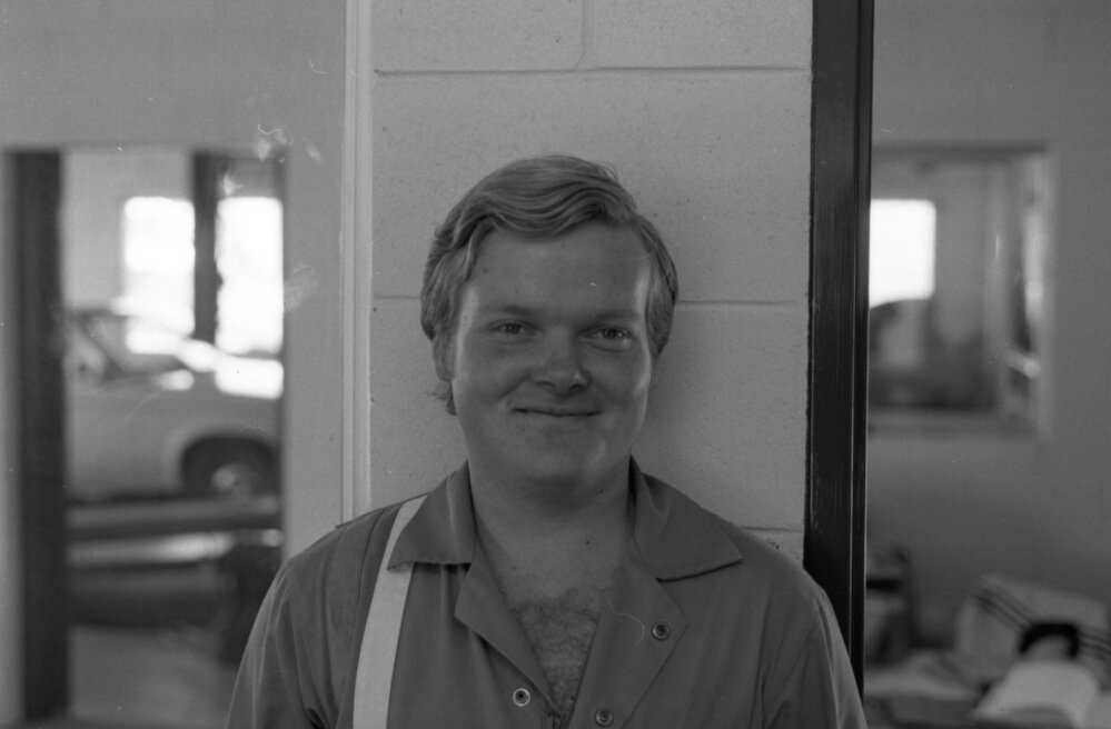 Unidentified Employee at Jeff Denman's Tyre &amp; Auto Service, Ipswich, August 1980