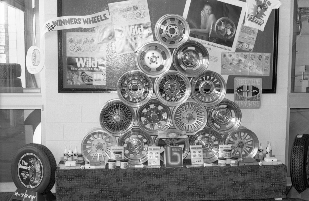 Display at Jeff Denman's Tyre &amp; Auto Service, Ipswich, August 1980
