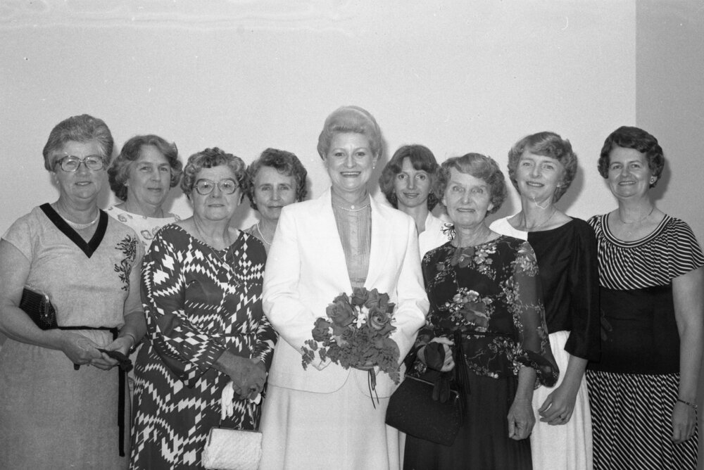 Thought to be Margery Brier-Mills with unidentified women attending the Mayoress' Lunch, Ipswich August 1980