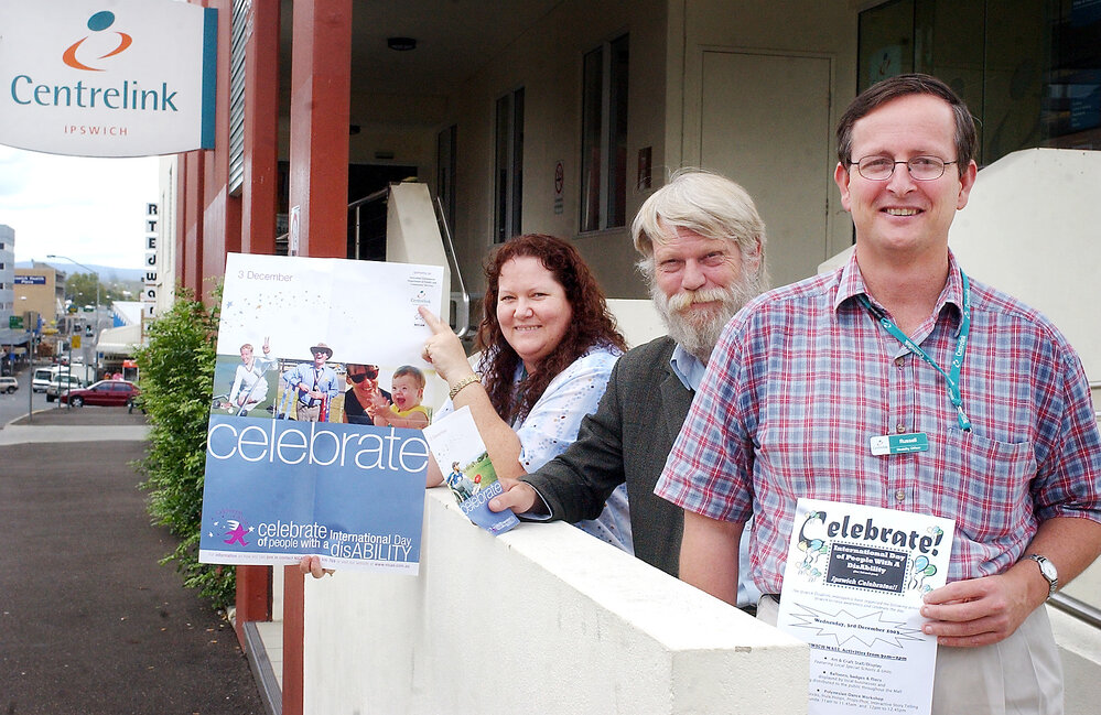 Kathy Reeves, Adrian Grijmans and Russell Swinton at Centrelink's International Day of people with a Disability celebration, Ipswich, December 2003