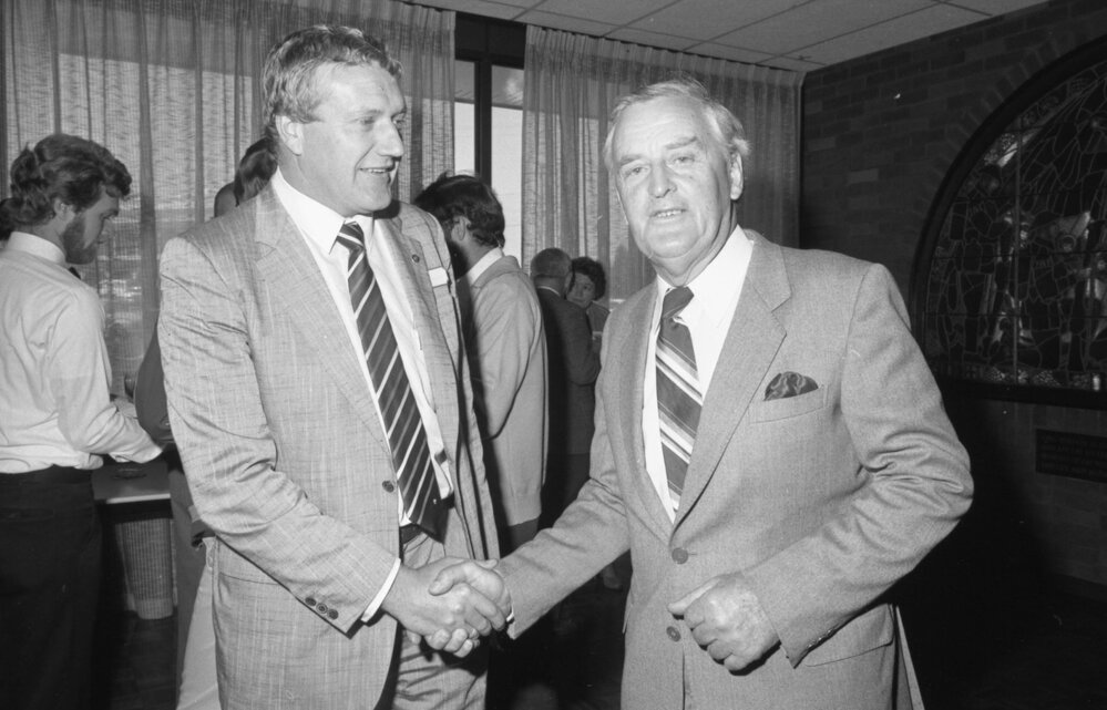 Premier Joh Bjelke-Petersen with unidentified man during visit to Ipswich, Ipswich, August 1980